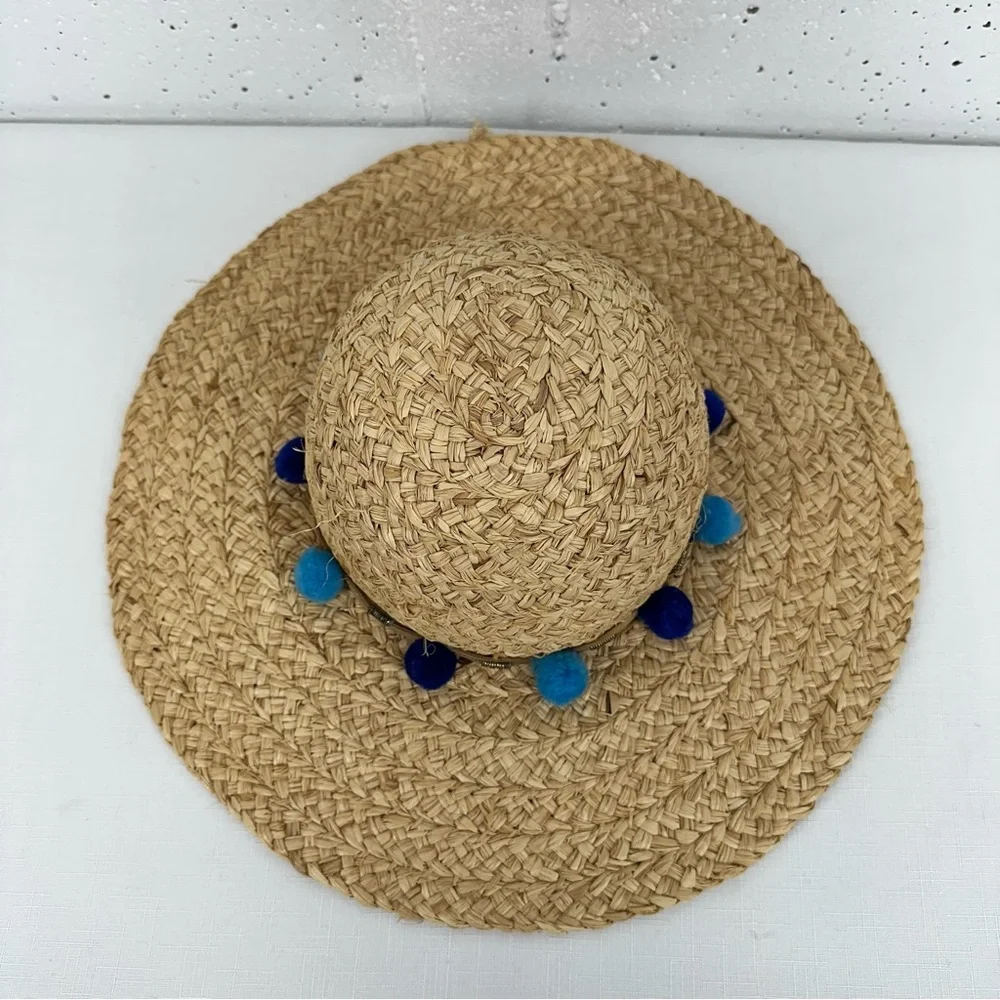 Pool to Party by Subtle Luxury Wide Brim Straw Floppy Sun Hat with Blue Pom Poms